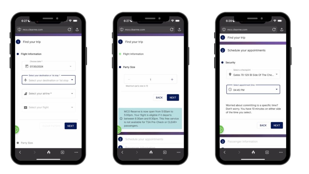 Screenshots on How to skip the TSA lines at MCO using MCO Reserve